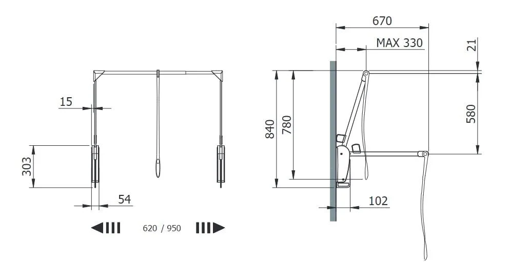 Servetto ClosetPro Central Wall-Mounted Soft-Close Wardrobe Lift Expanding Steel Tubing with Black Plastic Housing, 22 lb Weight rating (For 24 1/2