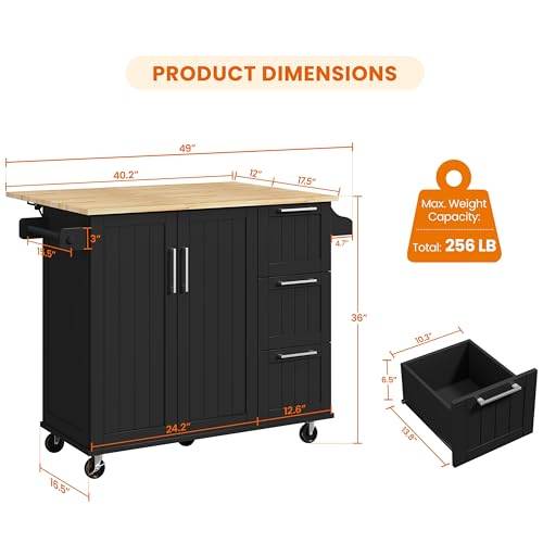 Yaheetech Kitchen Island Cart with Drop-Leaf Countertop, Rolling Kitchen Island Breakfast Bar Table on Wheels with Storage Cabinet & 3 Drawers & Spice Rack for Dinning Room, 49