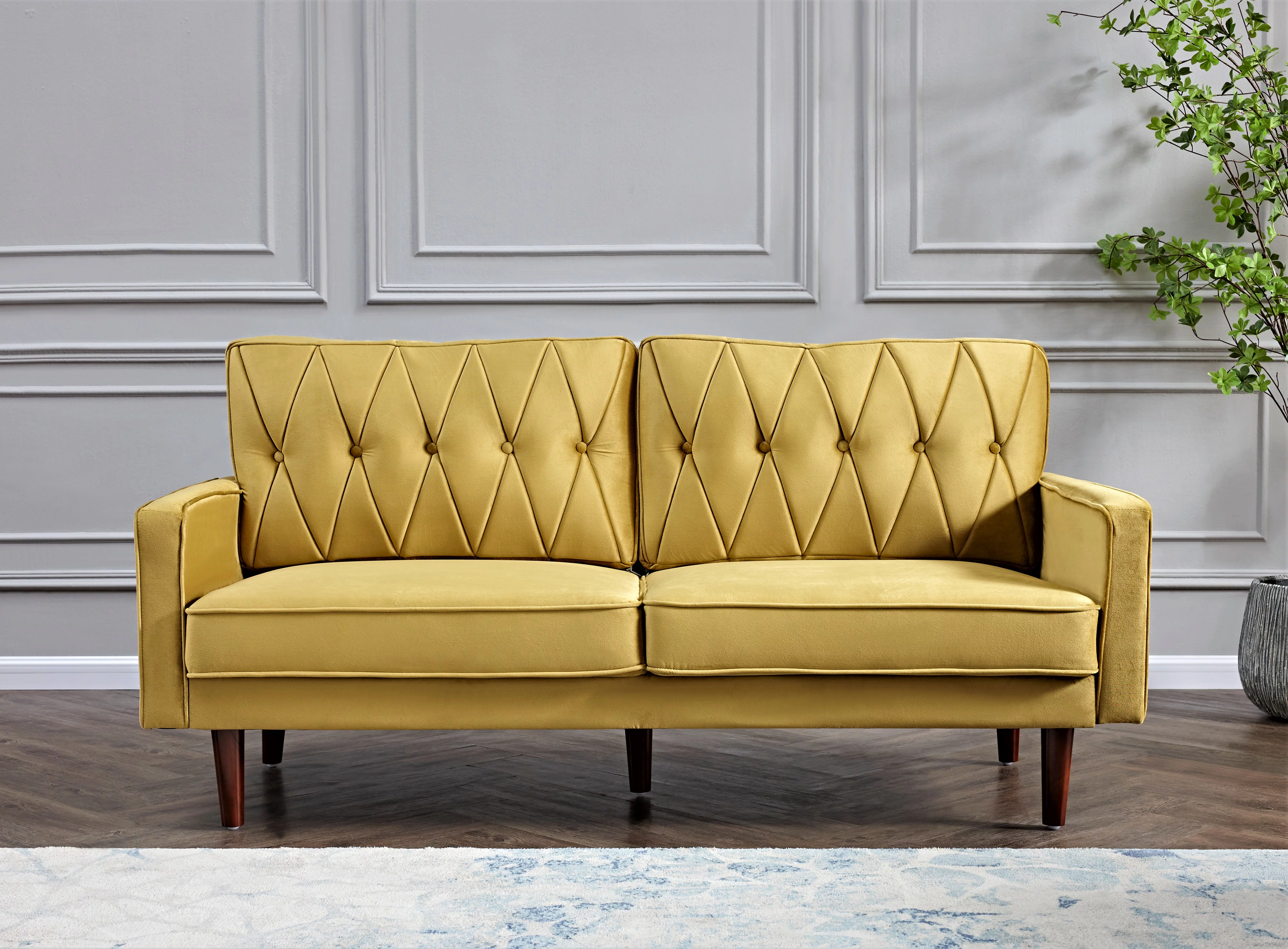 Uspridefurniture Feemster 69.3'' Velvet Square Arm Sofa -Yellow