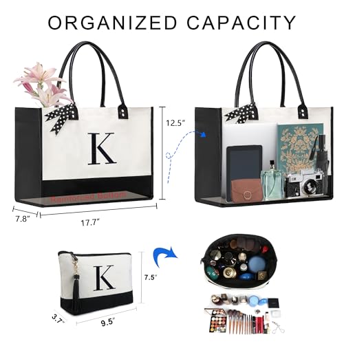 BeeGreen Mother's Day Gifts Personalized Women's Large White and Black Canvas Tote Bag, Embroidered Initials, Leather Handle, Zipper Closure