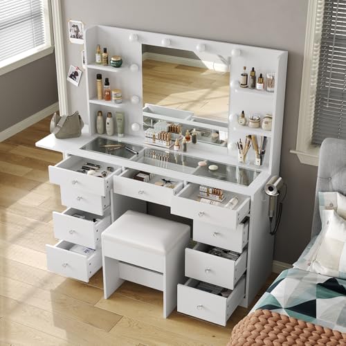 Vanity Desk & Power Outlet, Makeup Vanity with Mirror and 10 LED Lights, 3 Lighting Modes Brightness Adjustable, Makeup Table with 4 Shelves and Fold-up Panel, Vanity Set for Bedroom, White