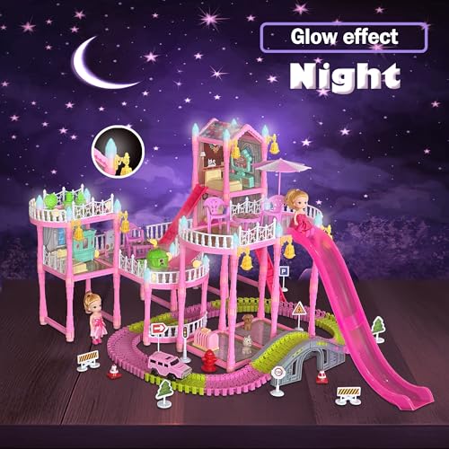 Dream Dollhouse, Racing Track, Dolls House playset with Toy Furniture and 4 Level Slide, Furniture, 3 Doll and 1 Buggy Toy and 10+ Tracks Pet and Puppy Play Area 13 Rooms