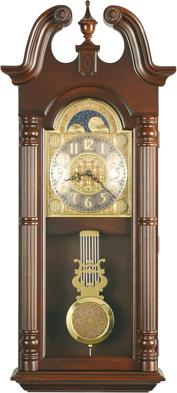 Howard Miller Maxwell Wall Clock 620-226 – Windsor Cherry Finish, Swan Neck Pediment, Vintage Home Décor, Brass Finished Pendulum, Quartz Dual-Chime Movement