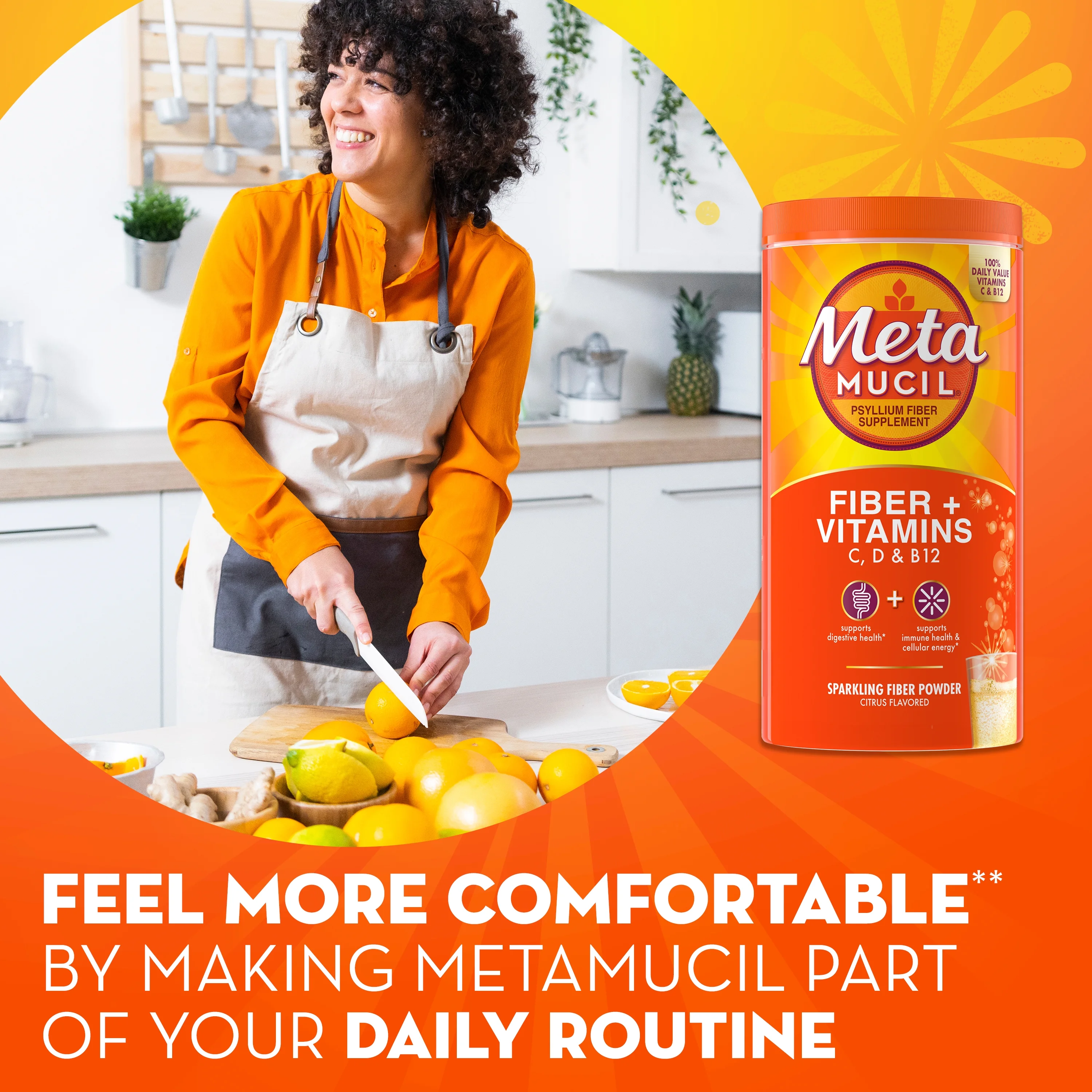 Metamucil Daily Fiber Supplement with Vitamins C, D & B12, Sparkling Fiber, Citrus, 50 Servings
