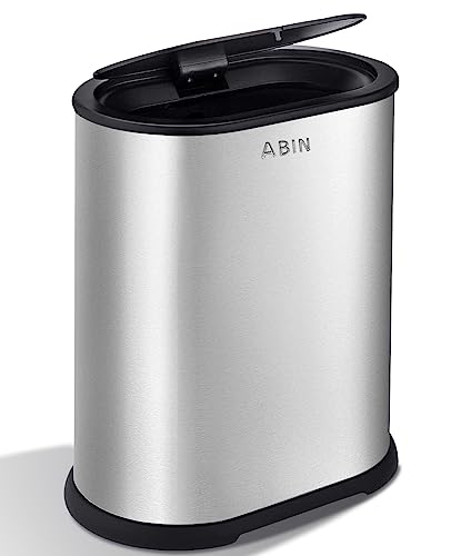 Bathroom Trash Can with Press Top Lid, 2.1 Gallon Small Slim Trash Can, Stainless Steel Narrow Garbage Can Wastebasket Trash Can,Removable Liner Bucket Trash Bin for Bathroom,Bedroom(Silver)