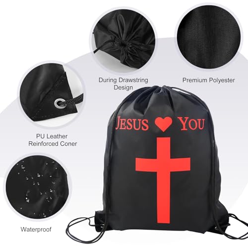VZZNN 30 Pcs Jesus Loves You Drawstring Backpack Bulk Christian Gift Bags Church Supplies String Backpack Cinch Bag Jesus Stuff(Black)