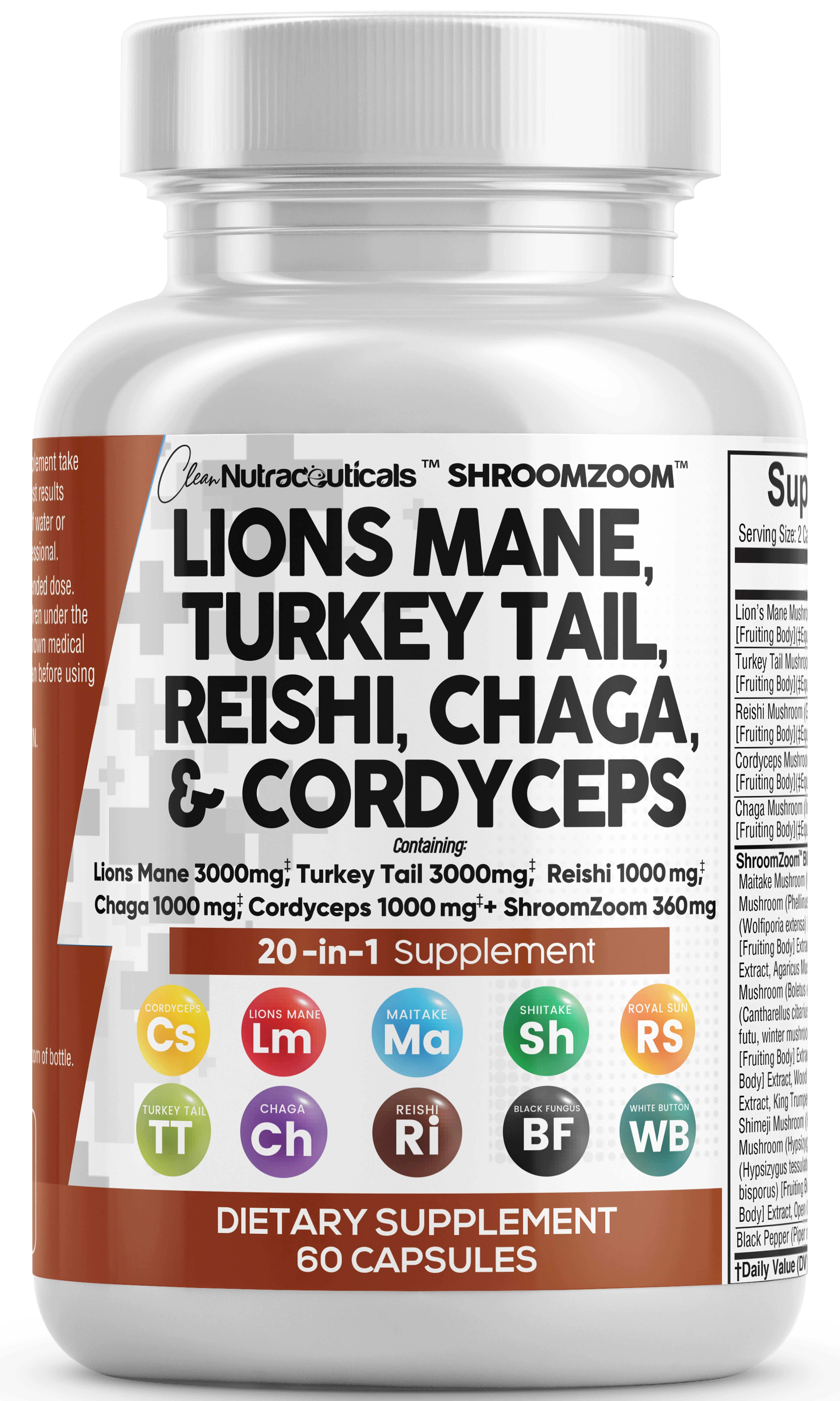 Lions Mane 3000mg 20in1 Mushroom Supplement with Turkey Tail 2000mg Reishi 1000mg Cordyceps Chaga 1000mg Maitake Meshima Poria Cocos Shiitake Oyster Porcini Enoki 60 Count