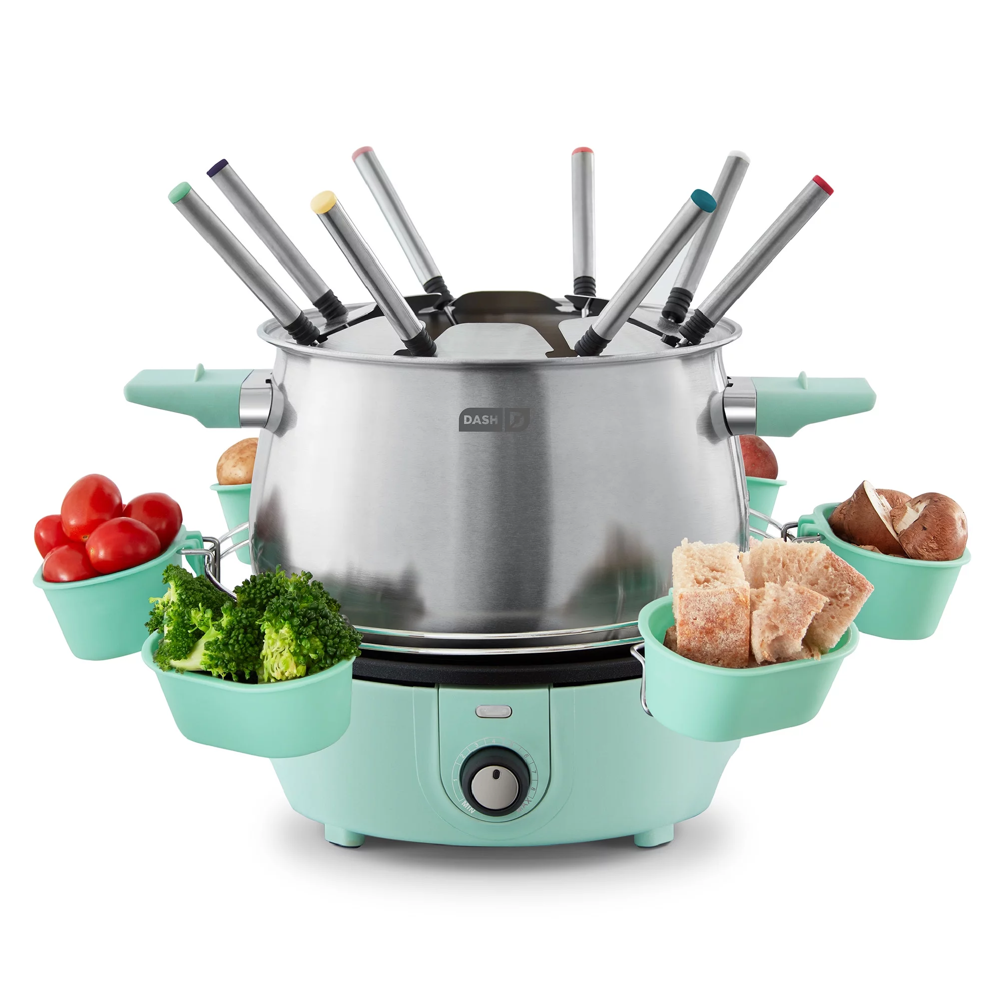 Dash Stainless Steel Deluxe Fondue Maker with Temperature Control Fondue Forks, Cups, and Rack, with Recipe Guide Included, 3-Quart, Non-Stick