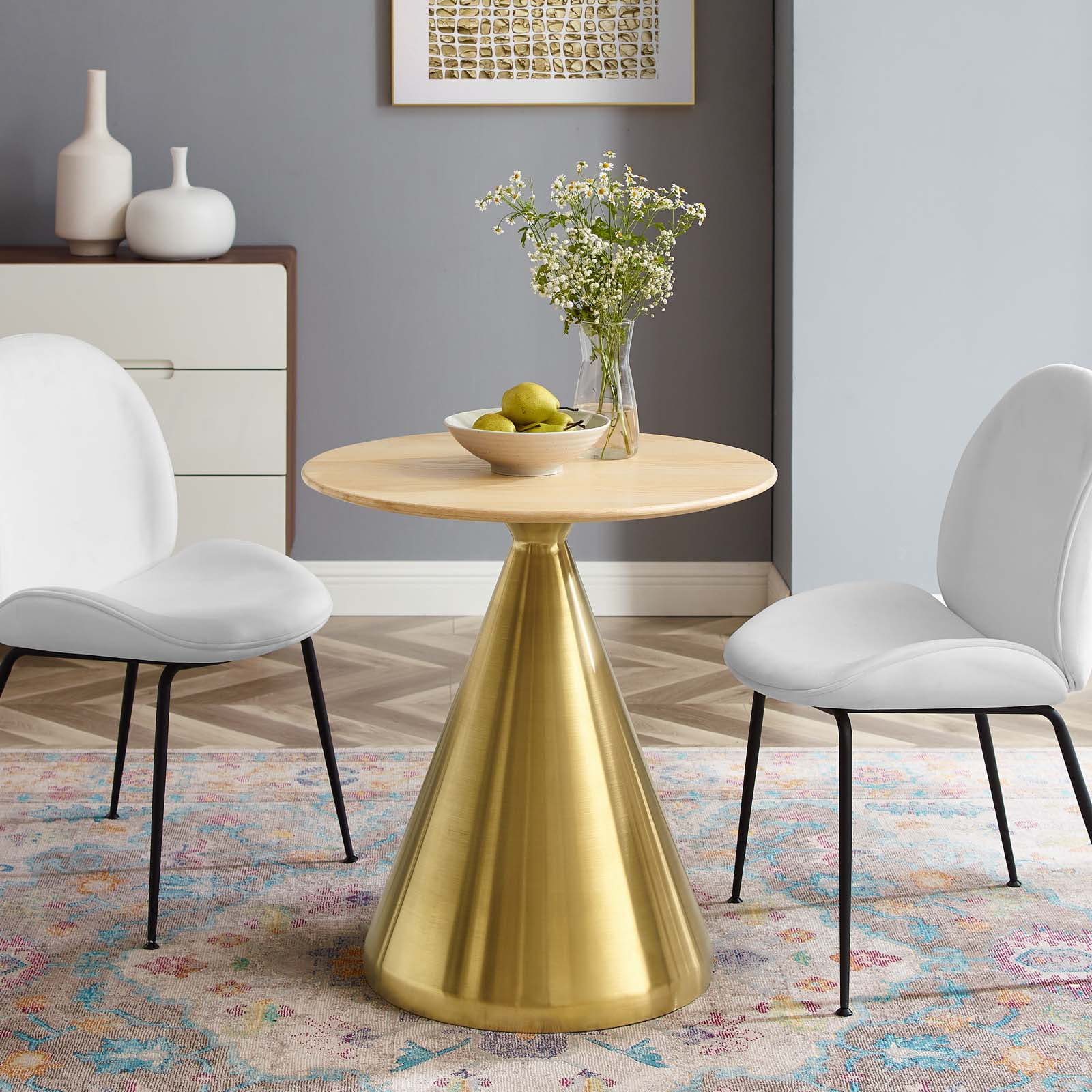Dining Table, Round, Wood, Metal Steel, Gold Brown Natural, Modern Contemporary Urban Design, Kitchen Room Cafe Bistro Restaurant Hospitality