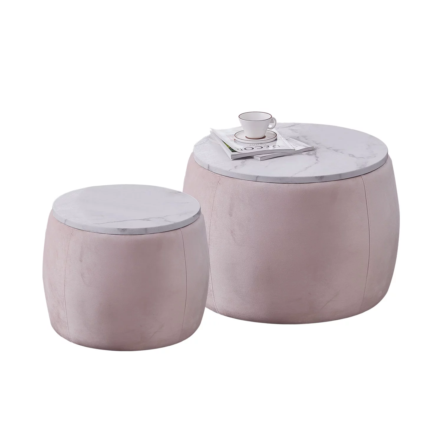 Round Accent Side Table with Removable Top for Living Room, Bedroom, Set of 2 End Table with Storage,  Top φ650*450,φ480*390 pink