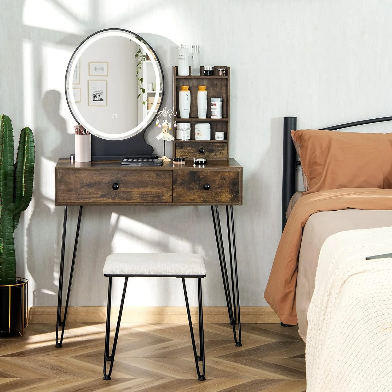 3 Drawers & 3 Shelves Adjustable Brightness Lighted Vanity Table with Mirror Dressing Desk Set for Women Girls Rustic Brown