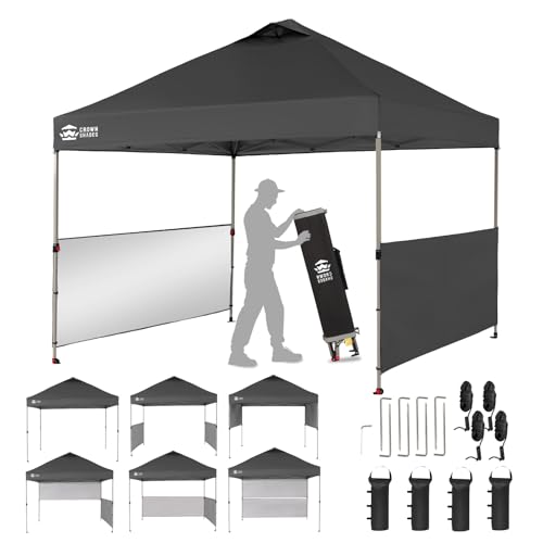CROWN SHADES 10x10 Pop up Canopy Tent Instant Canopy with 150D Silver Coated Fabric Including 2 Half Sidewalls, 4 Ropes, 8 Stakes, 4 Weight Bags, STO 'N Go Bag, Grid Grey