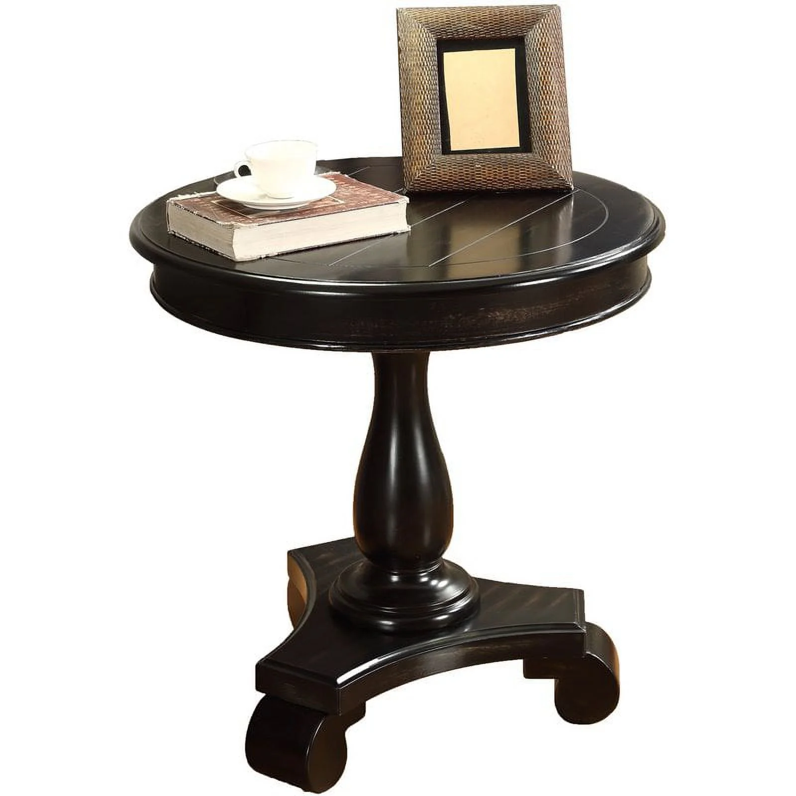 Trent Home Round Modern Wood Pedestal End Table with Scrolled Legs in Black