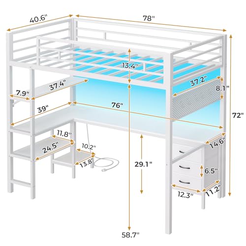 ADORNEVE Loft Bed Twin Size with L-Shaped Desk, LED Lights,Charging Station,Twin Metal Loft Bed with Desk, Fabric Drawers & Shelves, 13.4
