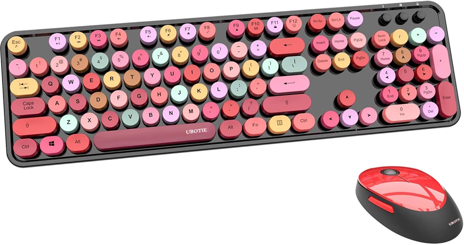 UBOTIE Colorful Computer Wireless Keyboard Mice Combo, Retro Typewriter Flexible Keys Office Full-Sized Keyboard, 2.4GHz Dropout-Free Connection and Optical Mouse (Pink-Colorful)