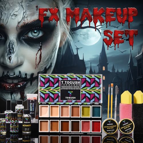Halloween Makeup Special Effects SFX Makeup Kit 12 Colors FX Palette Face Body Painting with Fake Blood,Scar Wax,Spirit Gum,Castor Sealerm,Extension Oil,for Clown makeup,Zombie