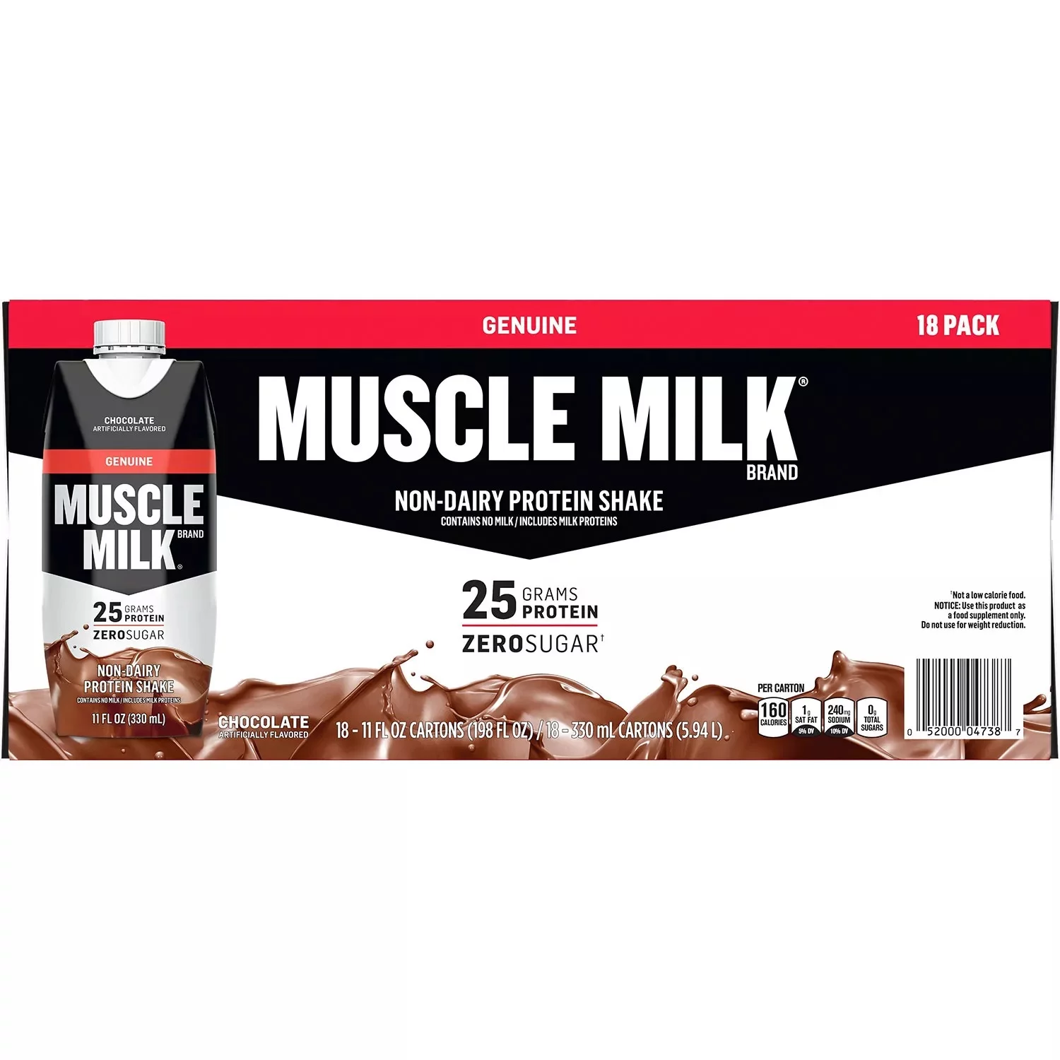Muscle Milk Genuine Non-Dairy Protein Shake, Chocolate, 11 Fl Oz (18 Count)