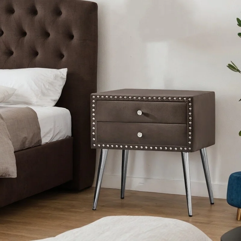 22.5 in.Solid wood bedside table made of velvet with double drawers for bedroom Brown