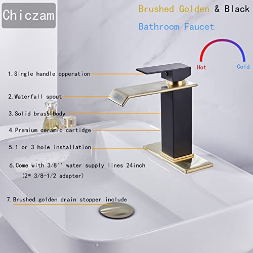 White Gold Faucet Bathroom Vessel Sink Golden Waterfall Spout Faucet Single Handle Bowl Sink Faucet Modern Single Hole Basin Vanity Tall Bathroom Sink Faucet with Pop Up Drain Stopper Supply Hose