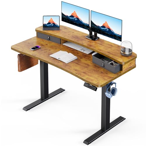 HUANUO 48″ x 24″ Electric Standing Desk with 2 Drawers, C-Clamp Mount Compatible, Height Adjustable Computer Desk, Home Office Stand Up Desk with 4 Preset Heights & 2 Hooks, Black