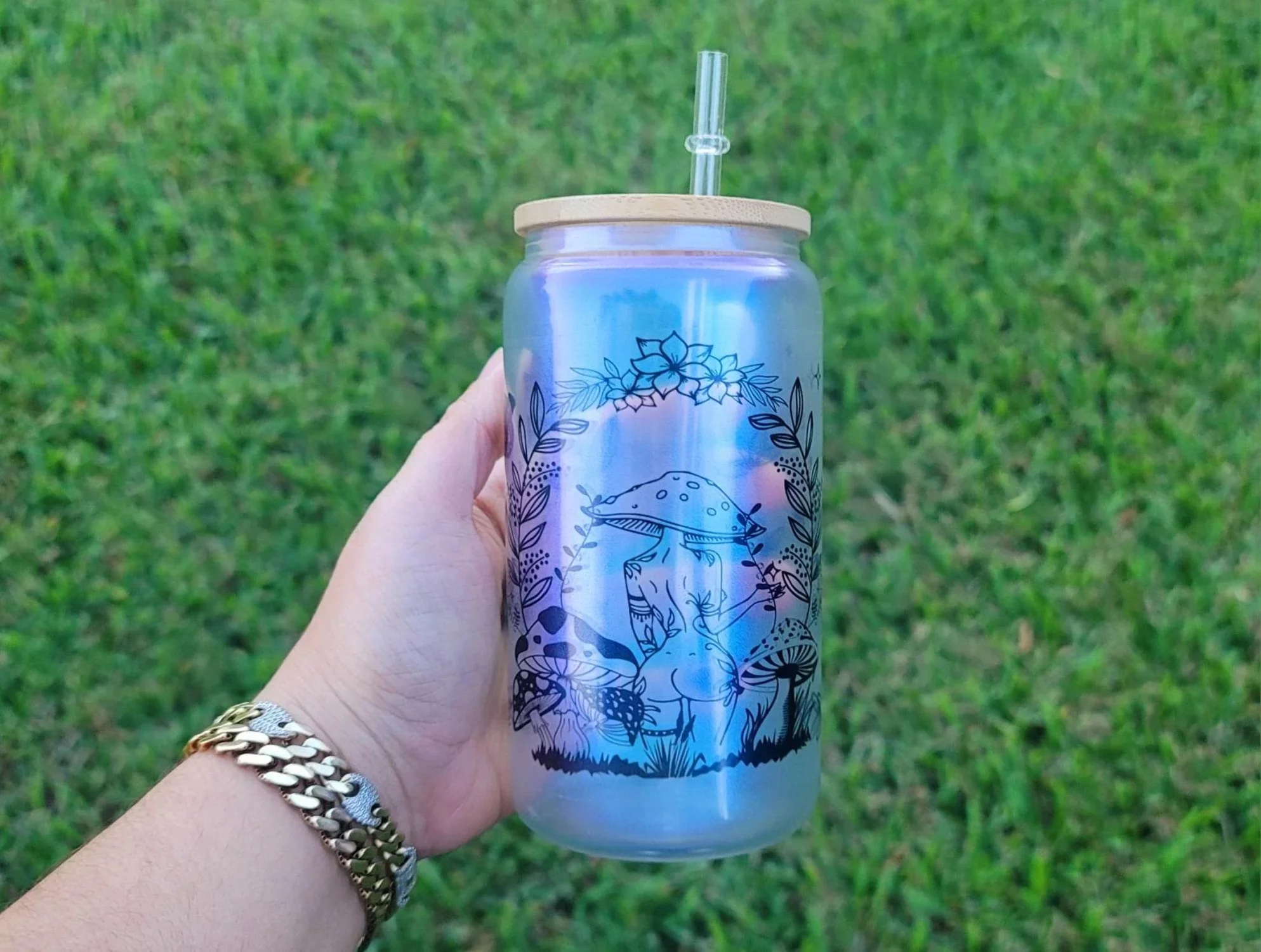 Mushroom Beer Can Glass | Boho Mushroom Coffee Glass | Aesthetic Coffee Glass