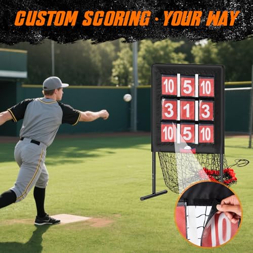 9 Hole Pitching Net Pitching Target Pitchers Net Baseball Trainer with Actual Strike Zone and Pitch Training Ball to Practice Baseball and Softball - Standard Size