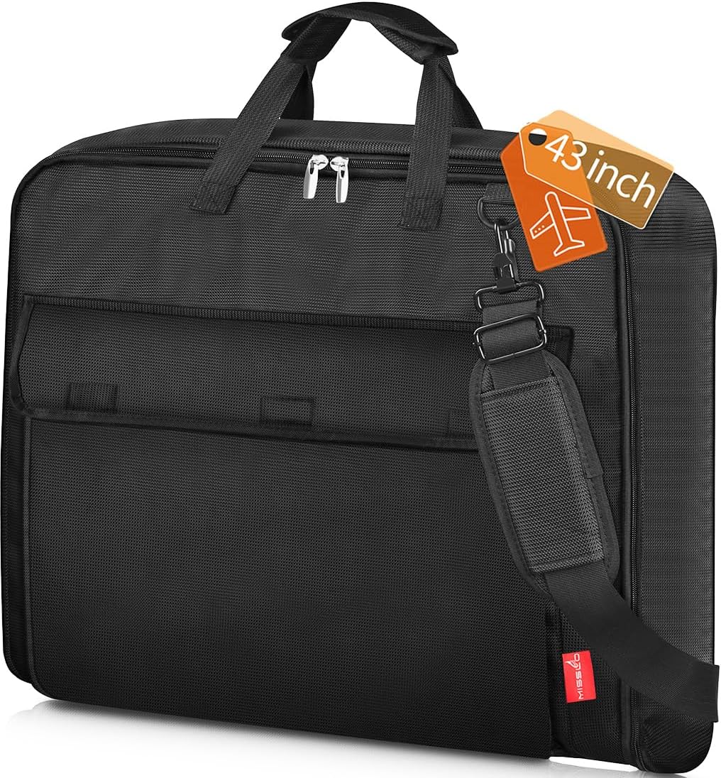 MISSLO Carry On Garment Bags for Travel with Shoulder Strap 43'' Suit Bags for Men Travel 2 in 1 Waterproof Suit Cover Bags with 3 Pockets Hanging Clothes Bag for Business Trip, Black