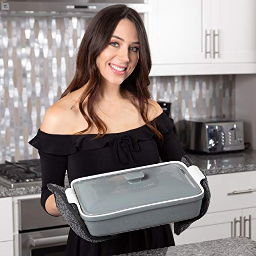 Stoneware Casserole Dish Bakeware Set with Lid, Covered Rectangular Dinnerware, Large 3.2 Quart, 11 by 9 Inch, Grigio [Grey]