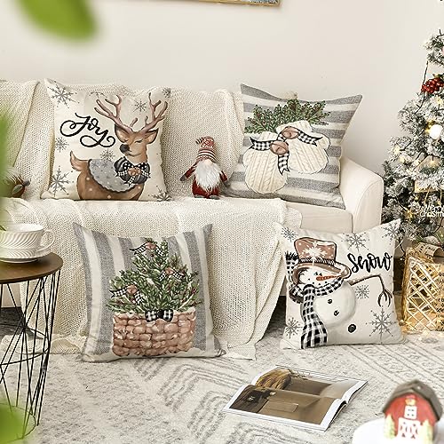 AVOIN colorlife Christmas Snowman Reindeer Gloves Eucalyptus Red Throw Pillow Covers, 18 x 18 Inch Winter Holiday Stripes Cushion Case Decoration for Sofa Couch Set of 4