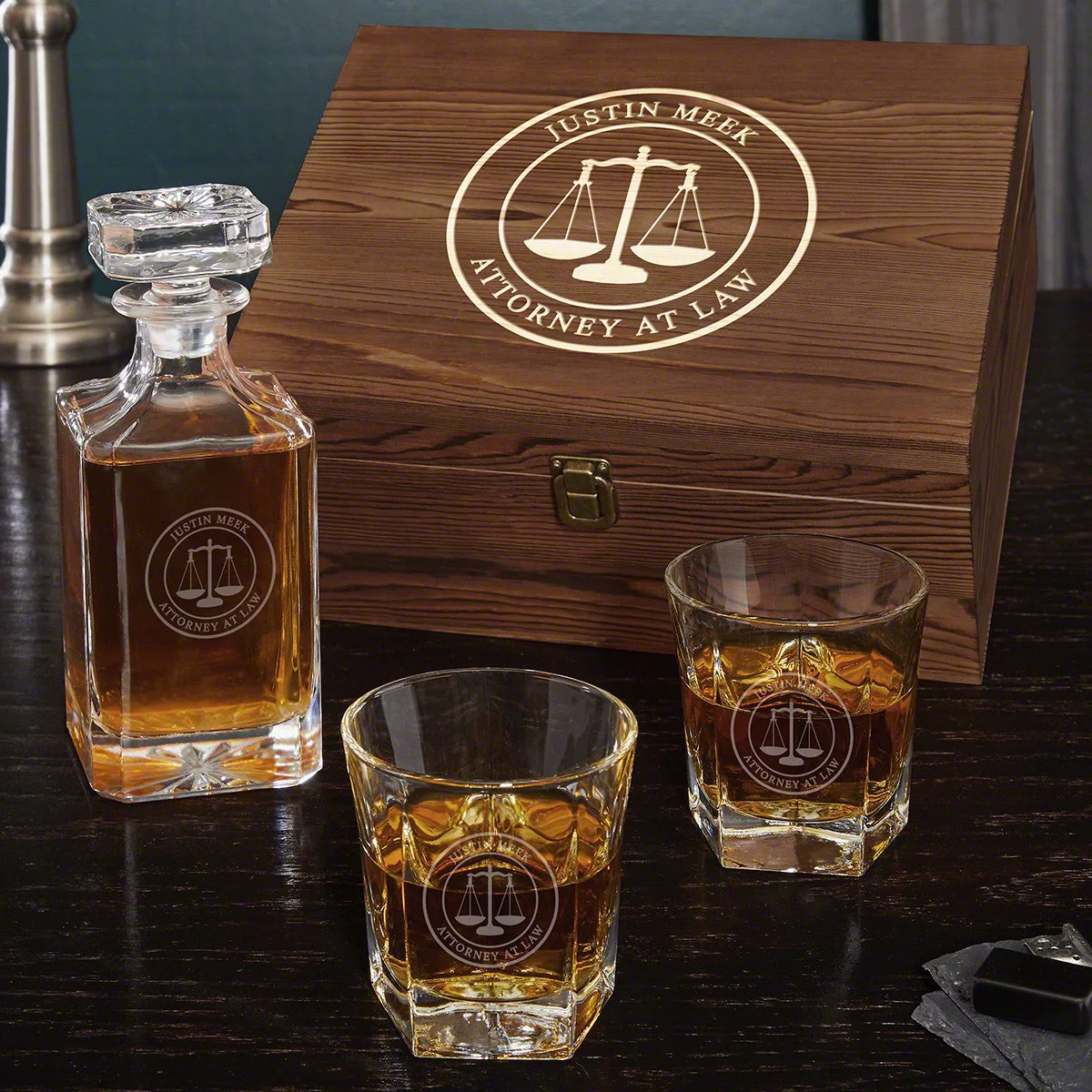 Scales of Justice Personalized Whiskey Decanter Set
