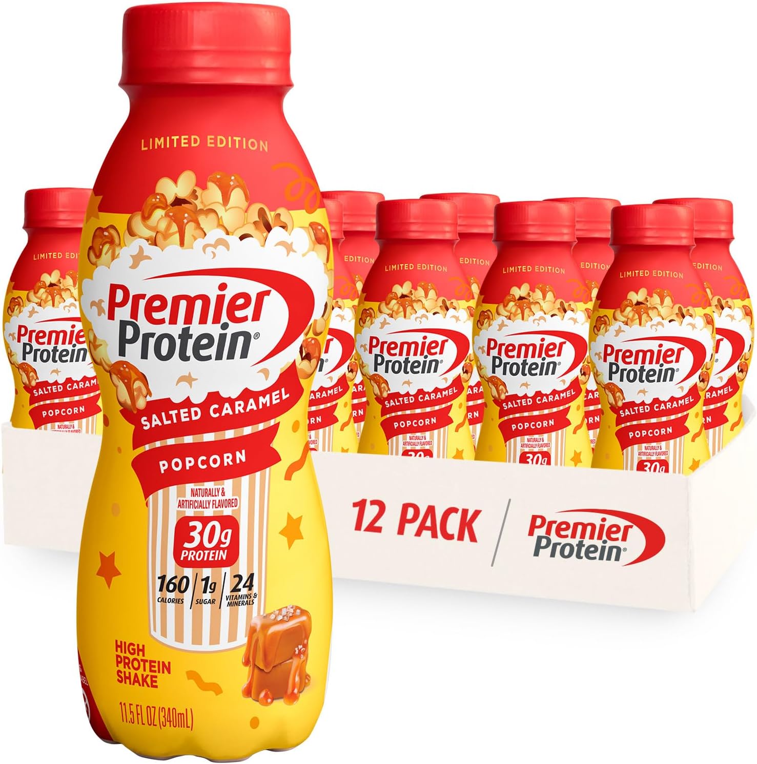 Premier Protein Shake Limited Edition Salted Caramel Popcorn and Cookie Dough Flavors, 30g Protein, 1g Sugar, 12 Pack