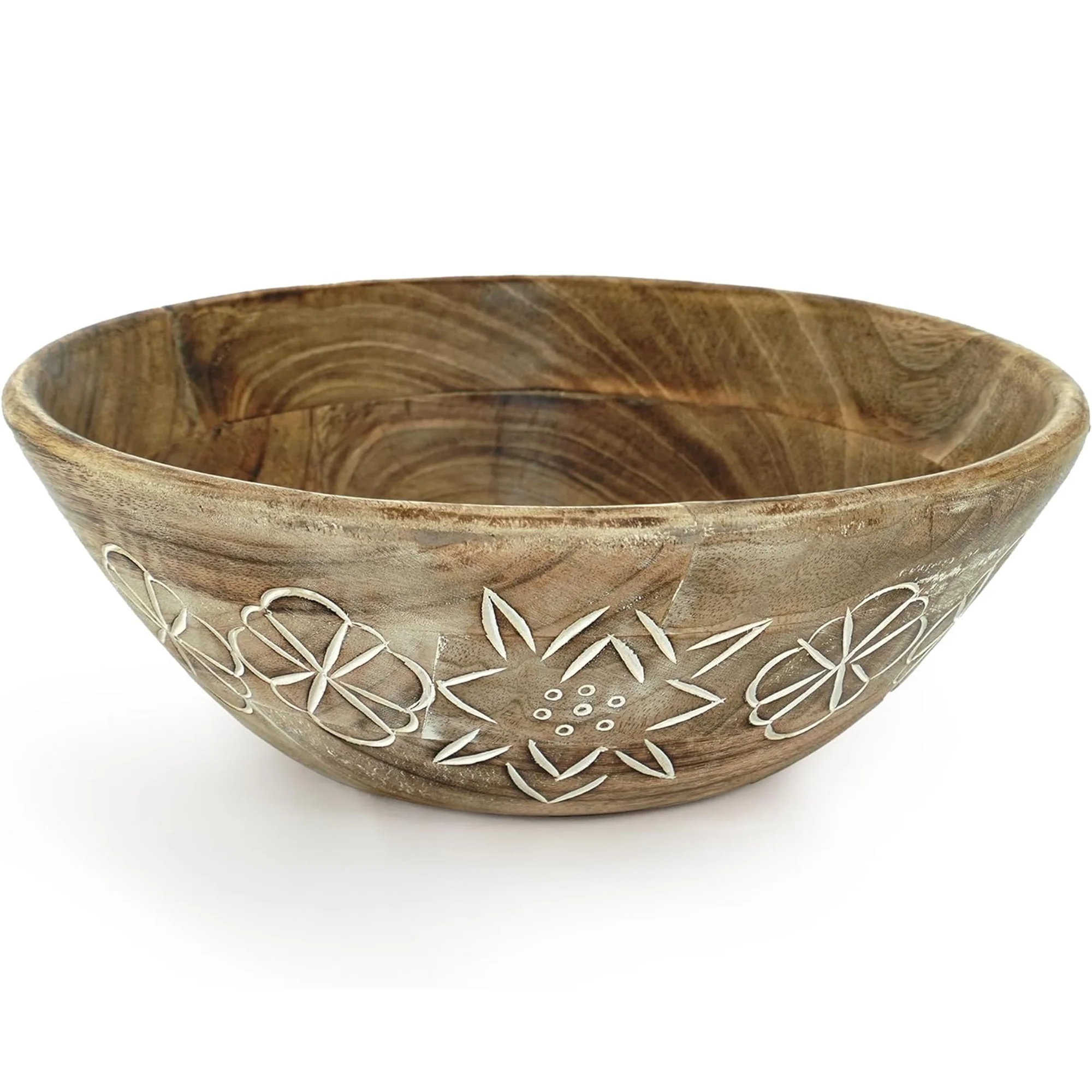 Mela Artisans hand Carved Large Wooden Serving Bowl - Natural Over White, 12