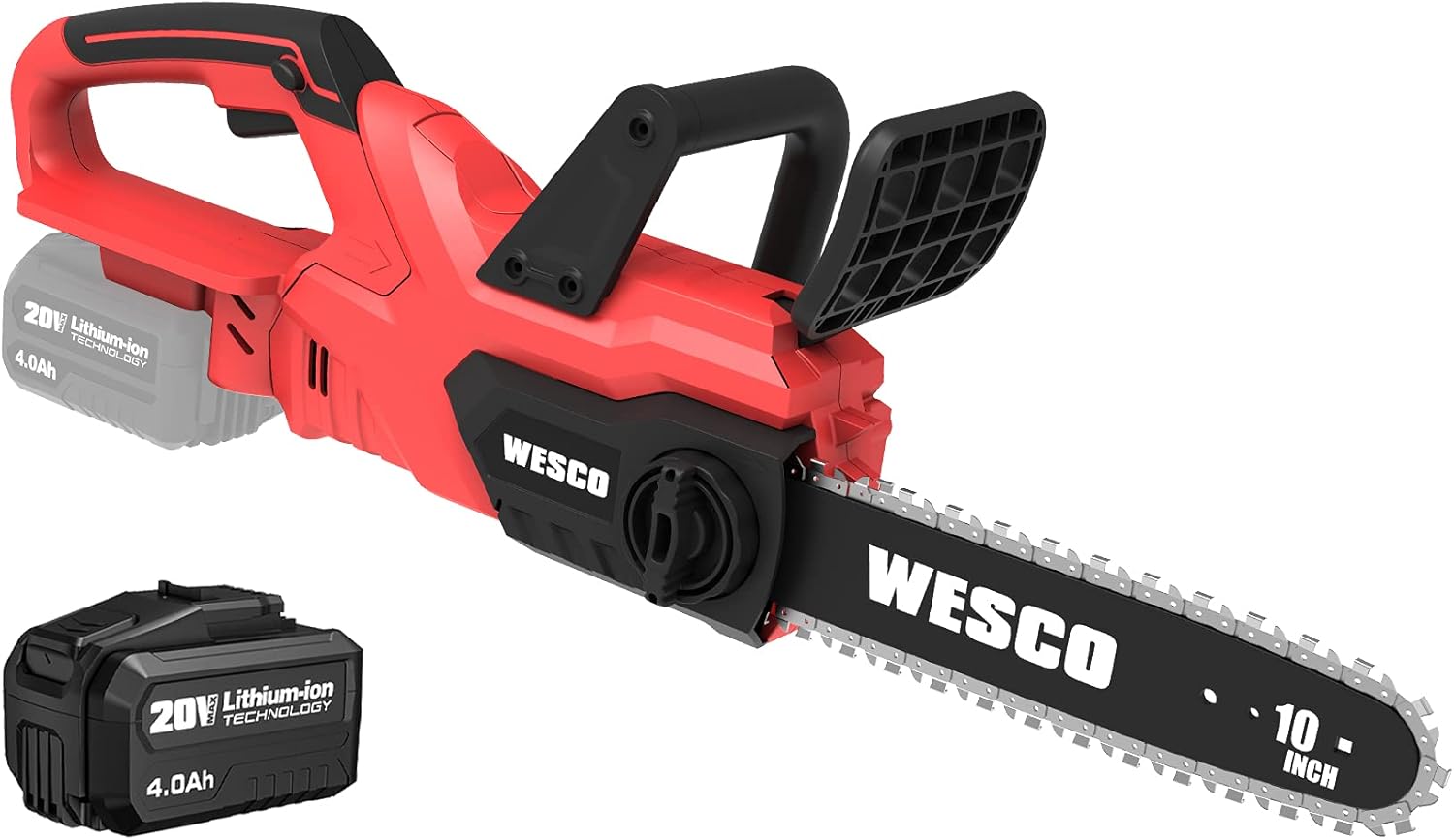 Cordless Chainsaw, WESCO 20V Chainsaw, 10-Inch Bar, 4.0 AH Battery and Charger Included, Tool-Free Chain Tensioning, Auto Chain Lubrication, Battery Power Chain Saws/WS8330U
