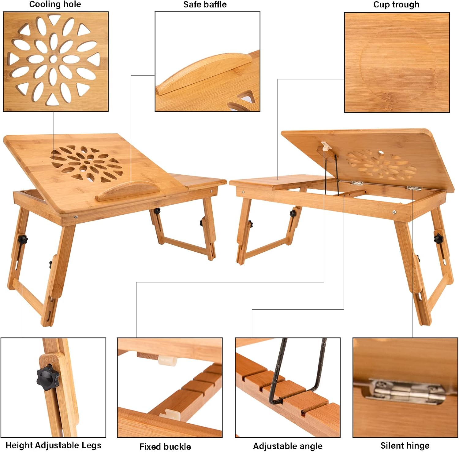 Laptop Desk Table Adjustable Bamboo Foldable Breakfast Serving Bed Tray Stand