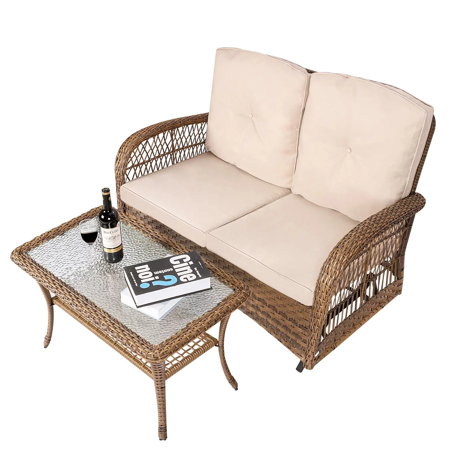 VIVIJSAON 2-Piece Patio Wicker Loveseat Glider Set Cushioned, Outdoor Conversation Furniture Sets with 2-Seater Glider Rocking Bench, Coffee Table and Cushions for Porch Garden Poolside, Light Brown
