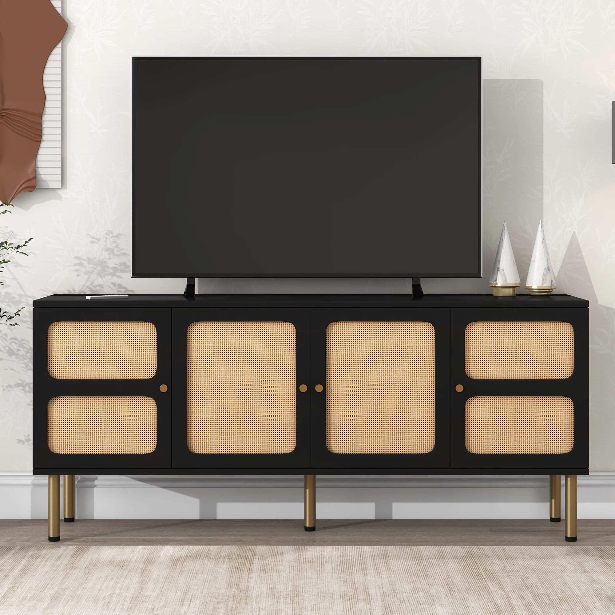 ON-TREND Boho style TV Stand with Rattan Door, Woven Media Console Table for TVs Up to 70”, Country Style Design Side Board with Gold Metal Base for Living Room, Black.