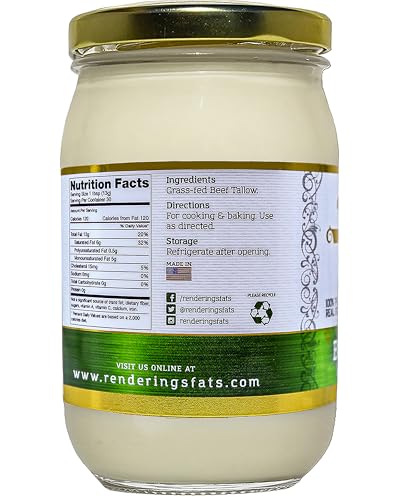 Renderings Beef Tallow, 100% Grass-Fed & Finished, Cooking, Baking and Frying, 14 oz jar
