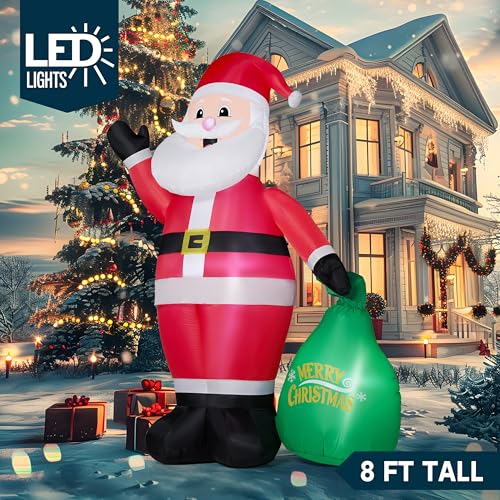 JOYIN 8FT Tall Christmas Inflatable Santa Outdoor Decoration for Yard, Blow Up Santa Decor Holding Gift Bags with Build-in LEDs for Xmas Party Decor Yard Outside Garden Holiday Decoration