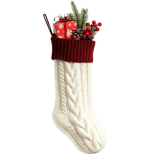 18 Inch Knit Christmas Stockings - Personalized Color Block,1 Pavck Large Christmas Stocking for Holiday Decor, Family Xmas Party Stockings, Traditional Cute Knitted Christmas Stockings(White)