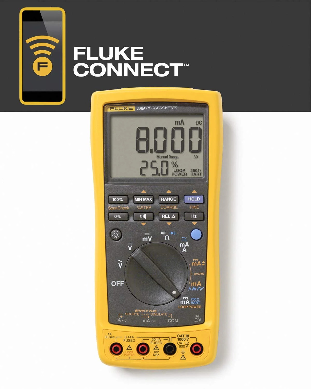 Fluke 789 ProcessMeter, Includes Standard DMM Capabilities, Measure, Source, Simulate mA signals, and Built-In 24 V Loop Supply