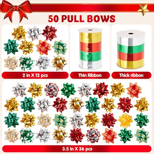 JOYIN 50 PCS Christmas Bows and Gift Ribbons with 48 Multi-Colored Assorted Size Self Adhesive Gift Bows and 2 Rolls of Curling Ribbons for Gift, Present Wrapping Decoration