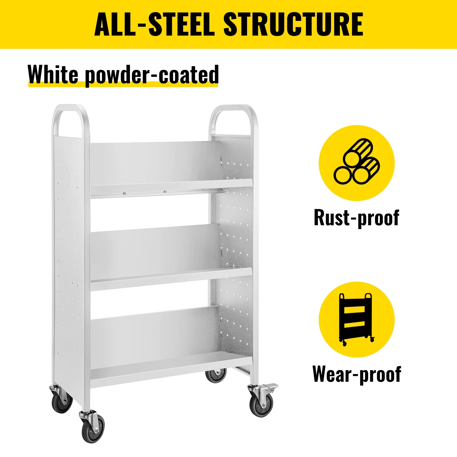 BENTISM Book Cart Library Cart 200 lbs Capacity with V-Shaped Shelves in White