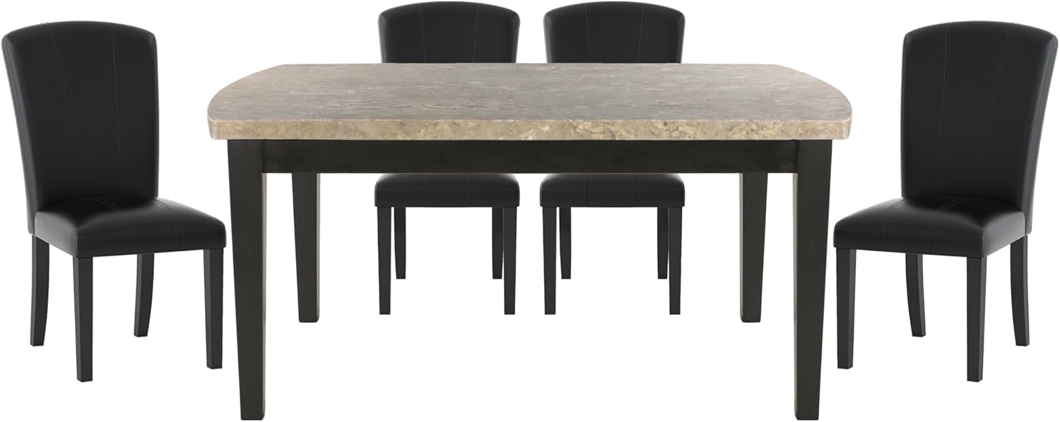 Dark Espresso Finish 5pc Dining Set Genuine Marble Top Table and 4 Chairs Faux Leather Upholstery Dining Kitchen Set Wooden Furniture