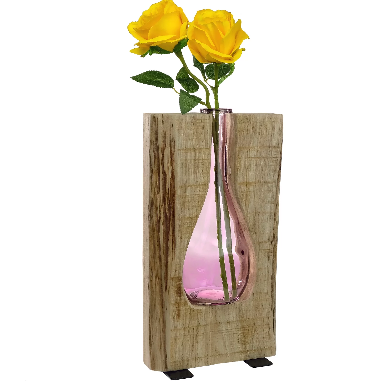 Excello Global Products Round Pink Glass and Wood Vase - Rustic Flower Vase Decorative Centerpieces for Dining Room Table Coffee Tables Vintage Farmhouse Decor (Tall - 13