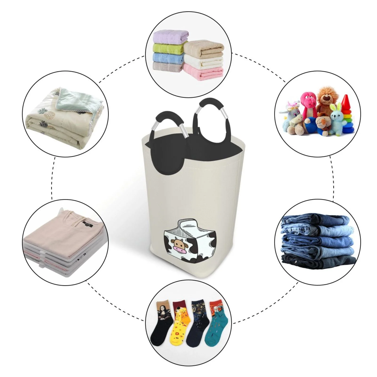 XMXT Collapsible Laundry Basket Hamper, Cartoon Milk Drinking Large Laundry Bag Clothes Hamper with Aluminum Handle, 50L