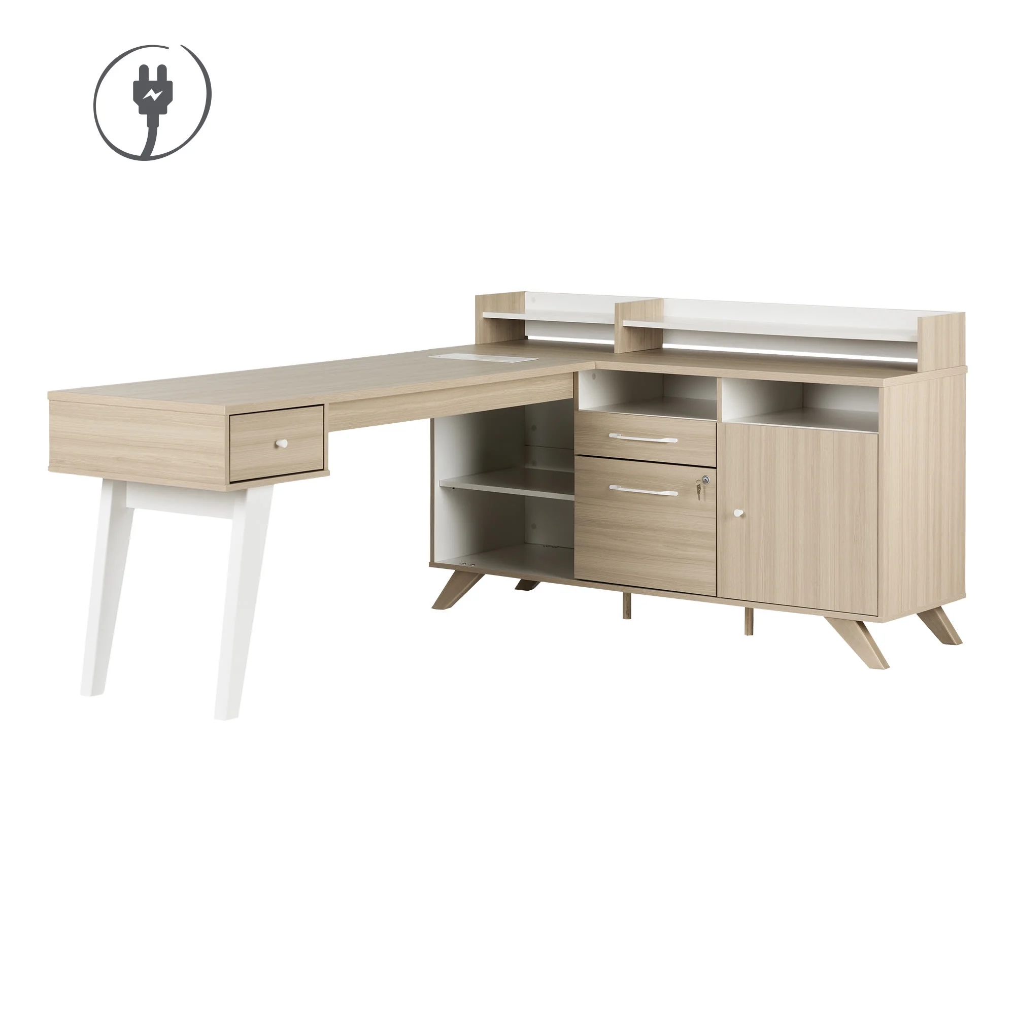 Helsy L-Shaped Desk with Power Bar Soft Elm and White South Shore