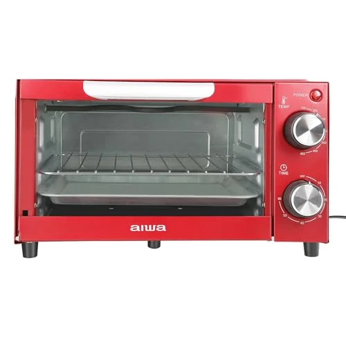 Aiwa 4-Slice Countertop Toaster Oven with Baking Tray, Bake Toast Cook and Broil, Temperature Control, 60 Minute Timer Knob, Automatic Shutoff, Baking Tray and Crumb Tray Included, Red