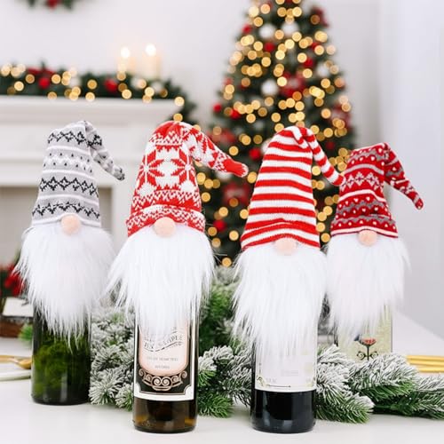 Christmas Gnome Wine Bottle Covers, 4 Pack Swedish Tomte Decorative Wine Bottle Toppers Santa Scandinavian Plush Champagne Cover for Home Holiday Christmas Dining Table Decorations Party Gift