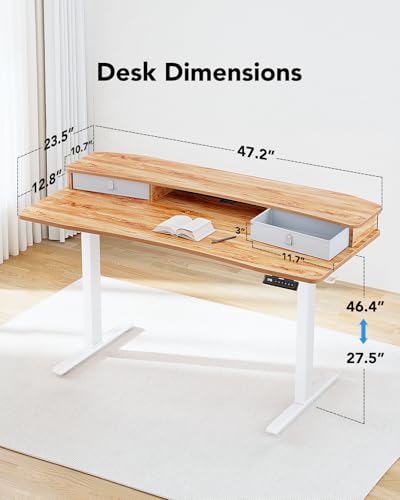 HUANUO 48″ x 24″ Electric Standing Desk with 2 Drawers, C-Clamp Mount Compatible, Height Adjustable Computer Desk, Home Office Stand Up Desk with 4 Preset Heights & 2 Hooks, Black