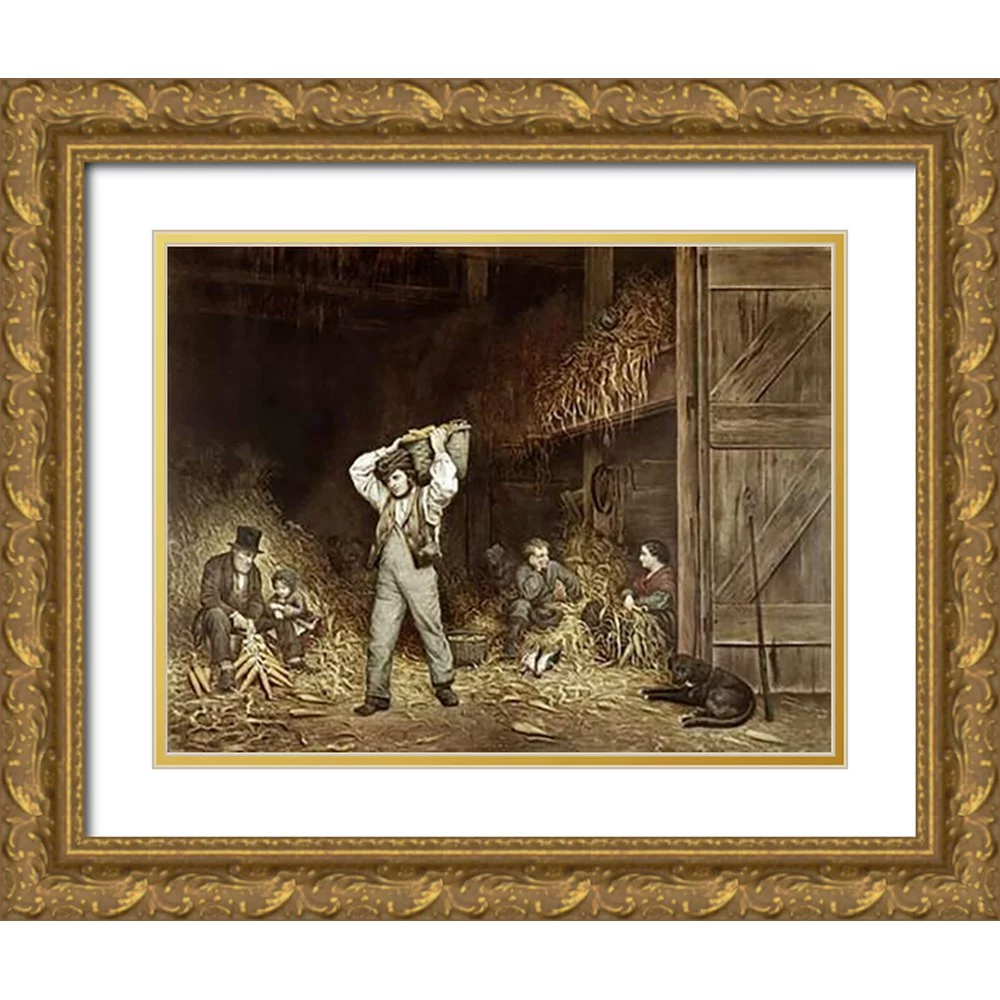 Ives, Currier and 14x12 Gold Ornate Wood Framed with Double Matting Museum Art Print Titled - Husking Corn